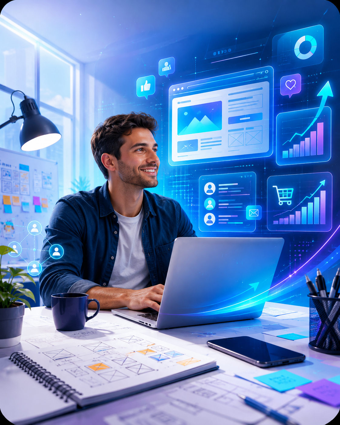 Emprendedor trabajando en su presencia digital y crecimiento online