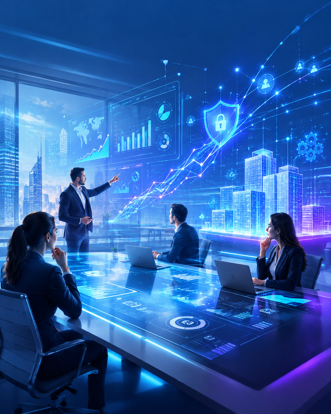 Equipo empresarial trabajando con estrategia, datos y seguridad digital